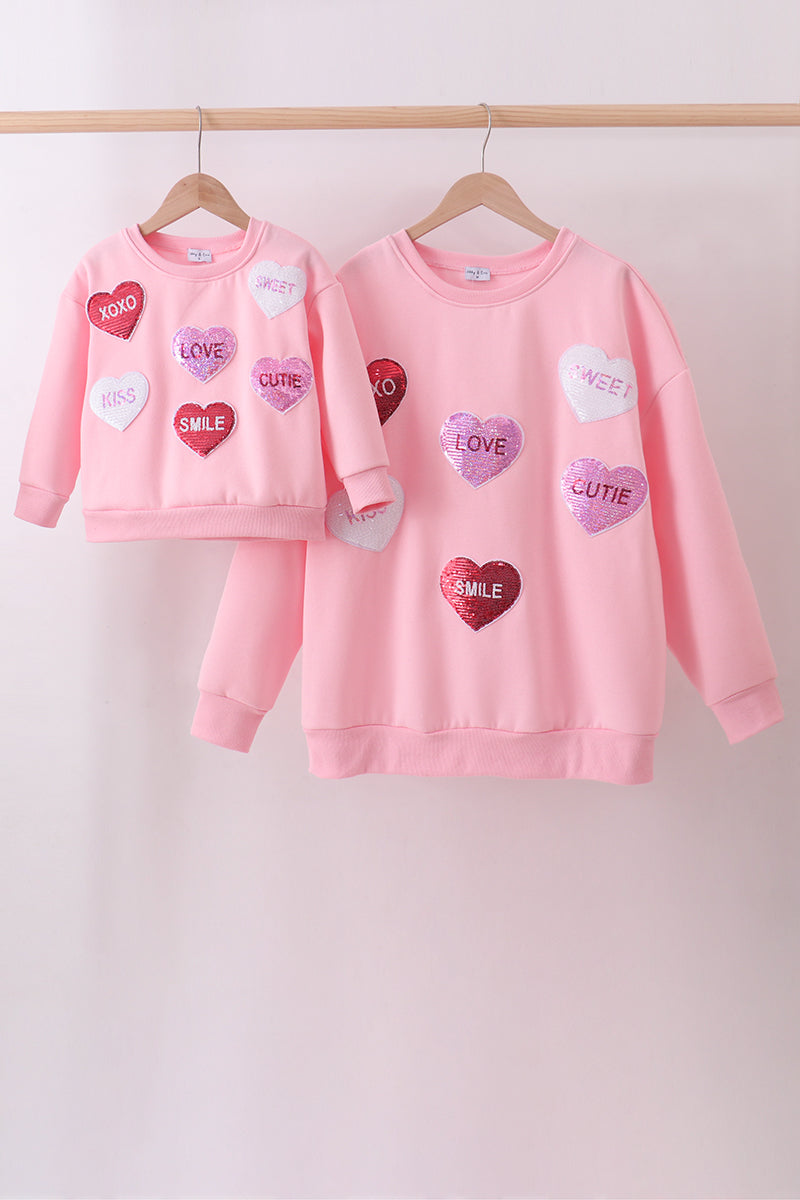 Sudadera de felpa rosa con lentejuelas de corazón, amor, sonrisa para mamá e hija