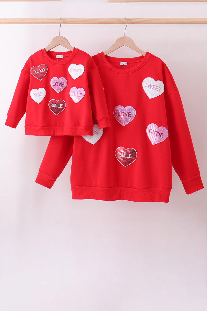 Sudadera de felpa con lentejuelas de corazón rojo amor y sonrisa para mamá e hija
