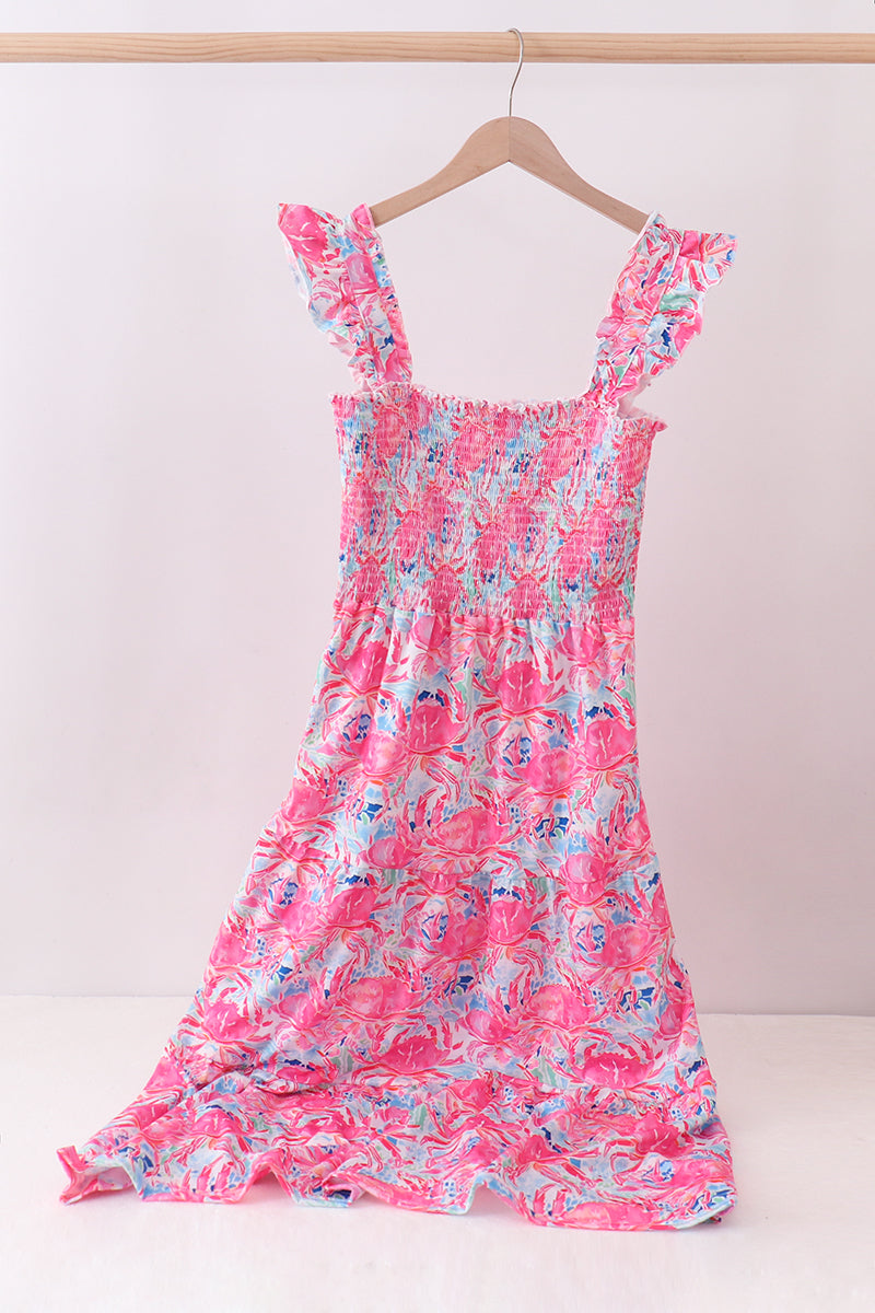 Vestido escalonado rosa floral fruncido con volantes para mamá e hija