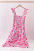 Vestido escalonado rosa floral fruncido con volantes para mamá e hija