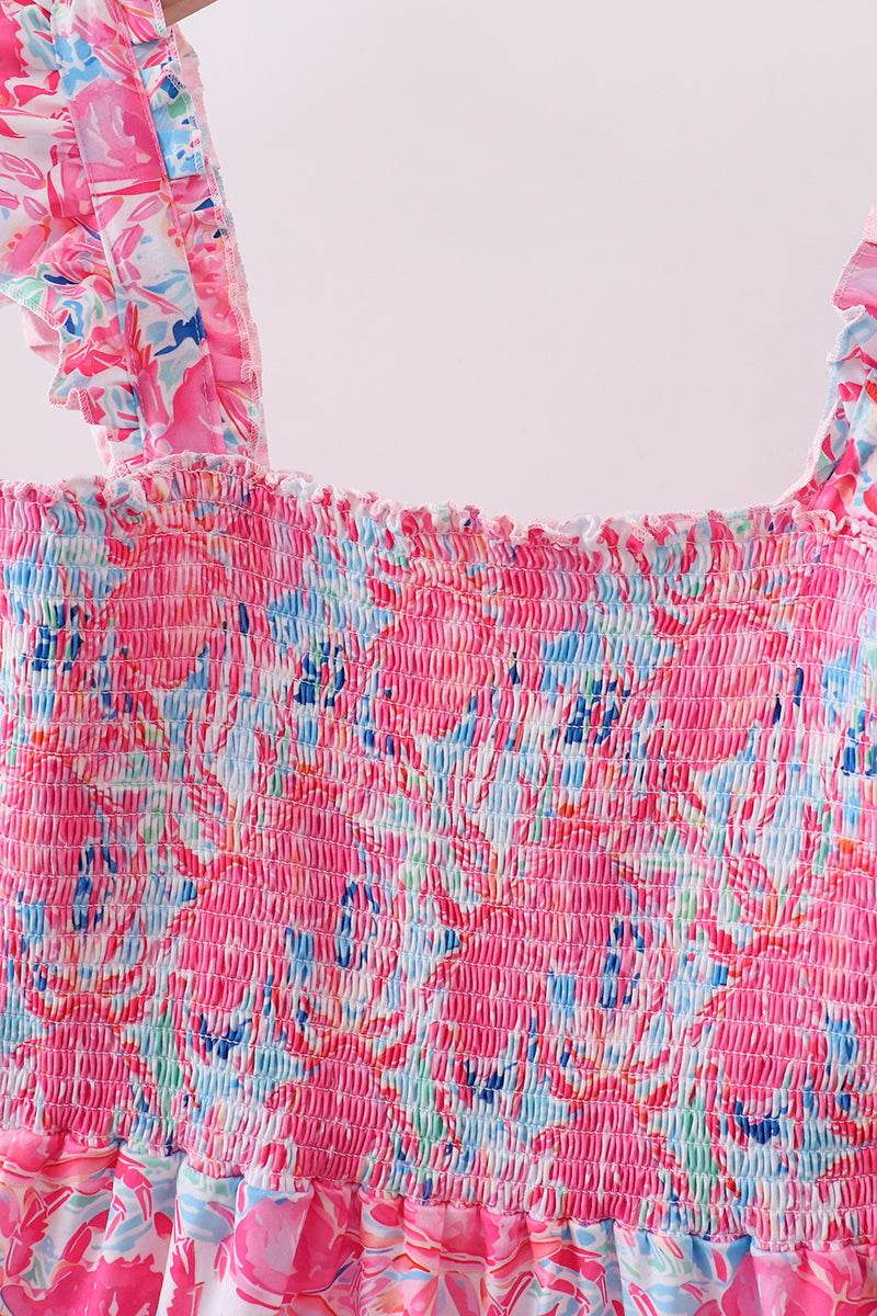 Vestido escalonado rosa floral fruncido con volantes para mamá e hija