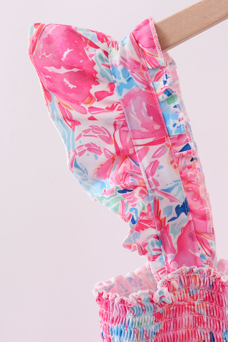Vestido escalonado rosa floral fruncido con volantes para mamá e hija