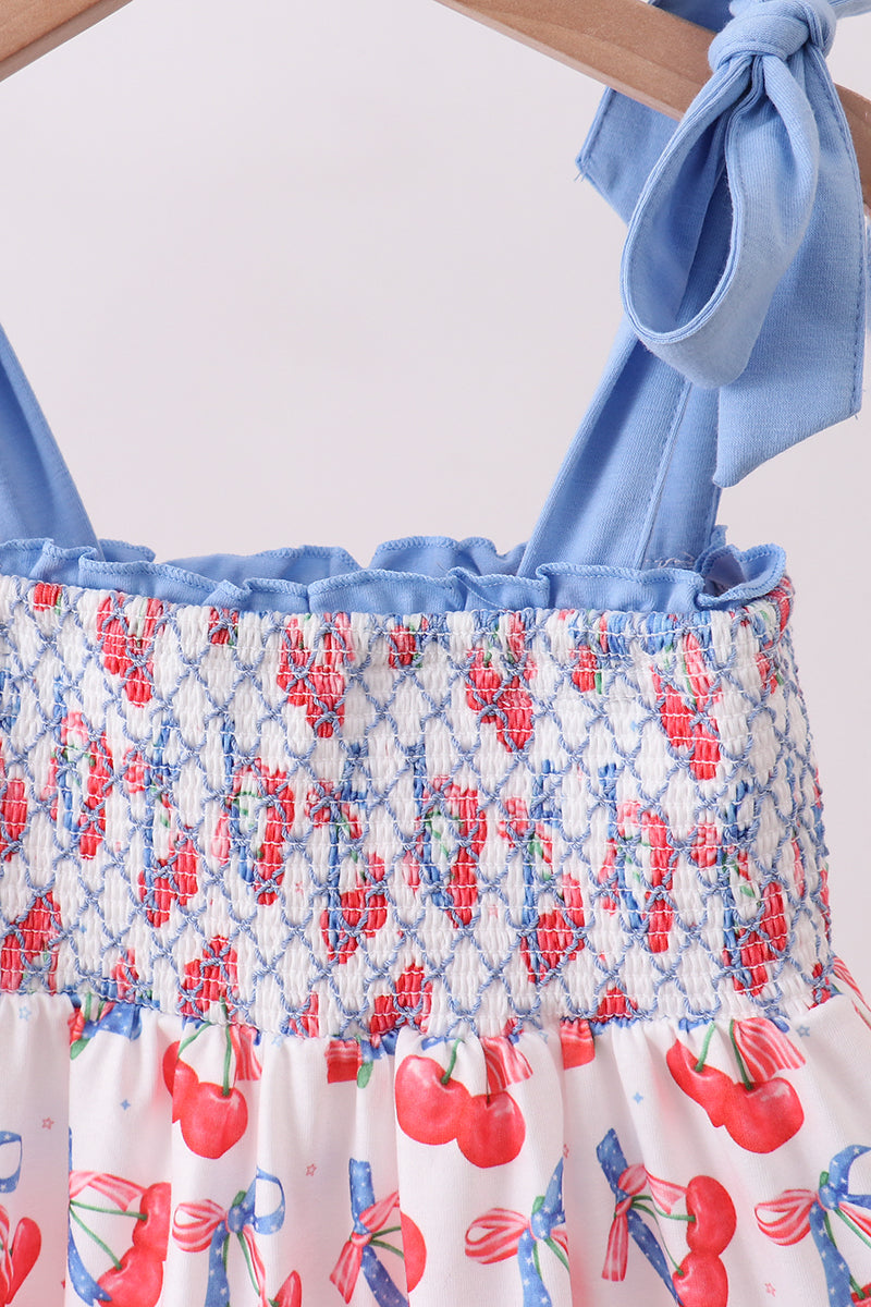 Vestido fruncido de cerezas azules de varias capas para mamá e hija
