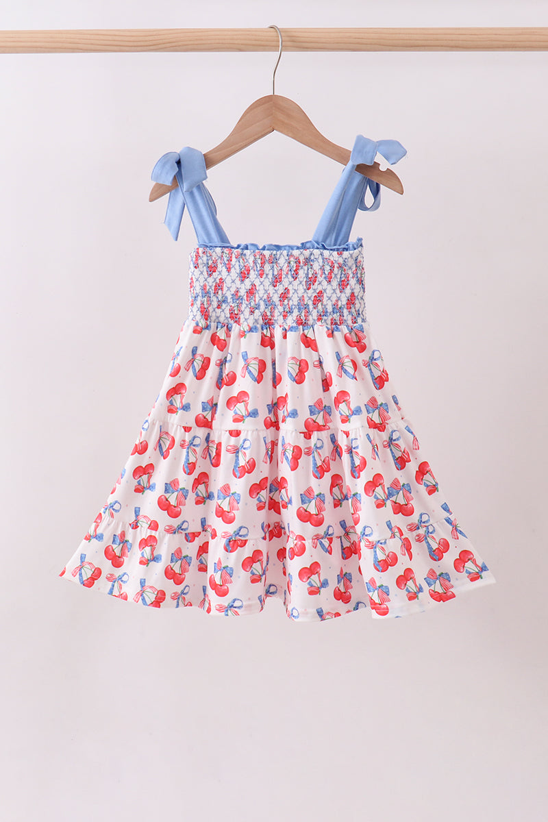 Vestido fruncido de cerezas azules de varias capas para mamá e hija