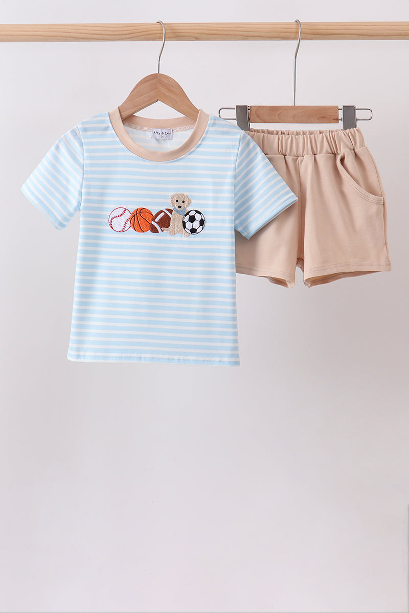 Conjunto de pantalón corto a rayas bordado Blue Puppy Ball
