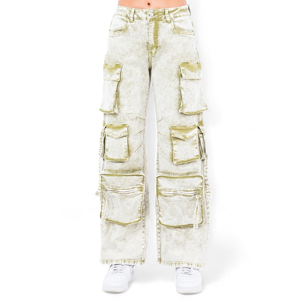 Multiple Pocket Acid Wash Denim Pants- RJH30665