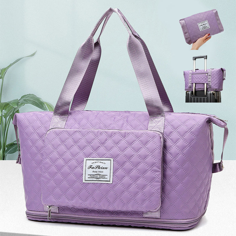 Bolsa de viaje plegable con diseño de costura de rombos, gran capacidad, para gimnasio, bolso de mano portátil, versátil, con correa para el hombro, organizador expandible