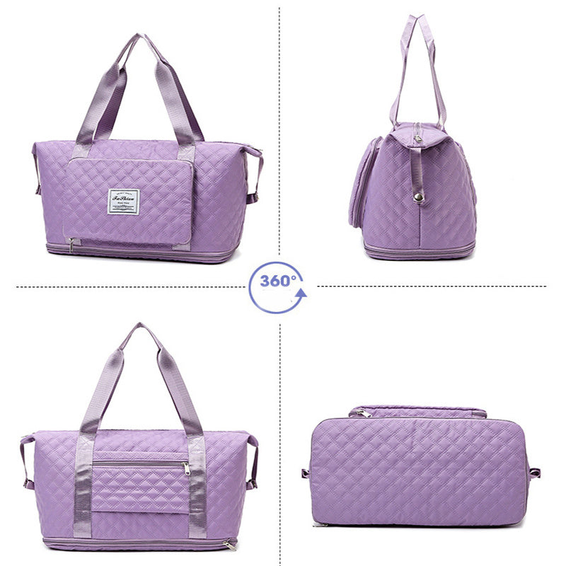 Bolsa de viaje plegable con diseño de costura de rombos, gran capacidad, para gimnasio, bolso de mano portátil, versátil, con correa para el hombro, organizador expandible