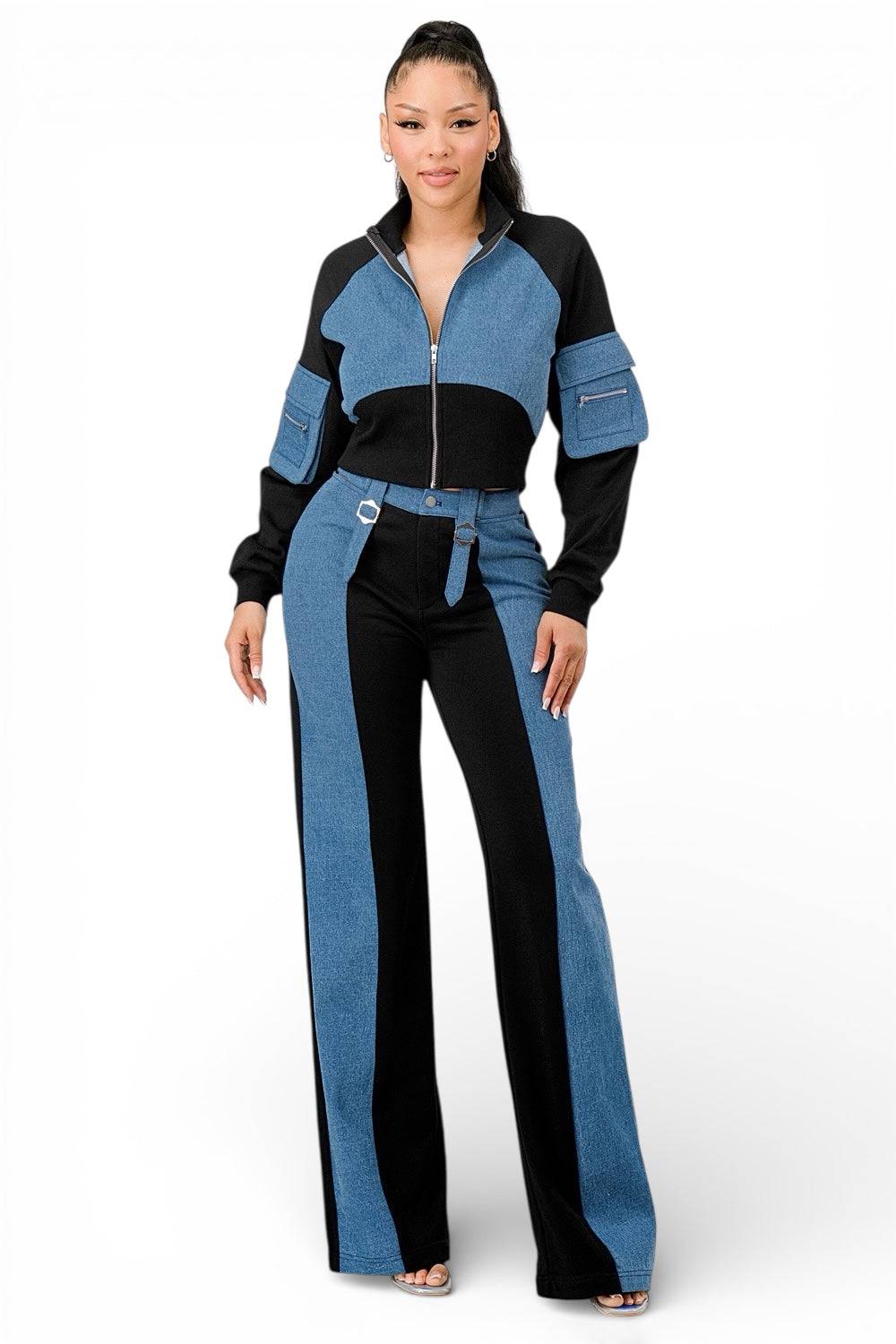 Conjunto de chaqueta corta con cremallera y pantalones de mezclilla de materiales mixtos