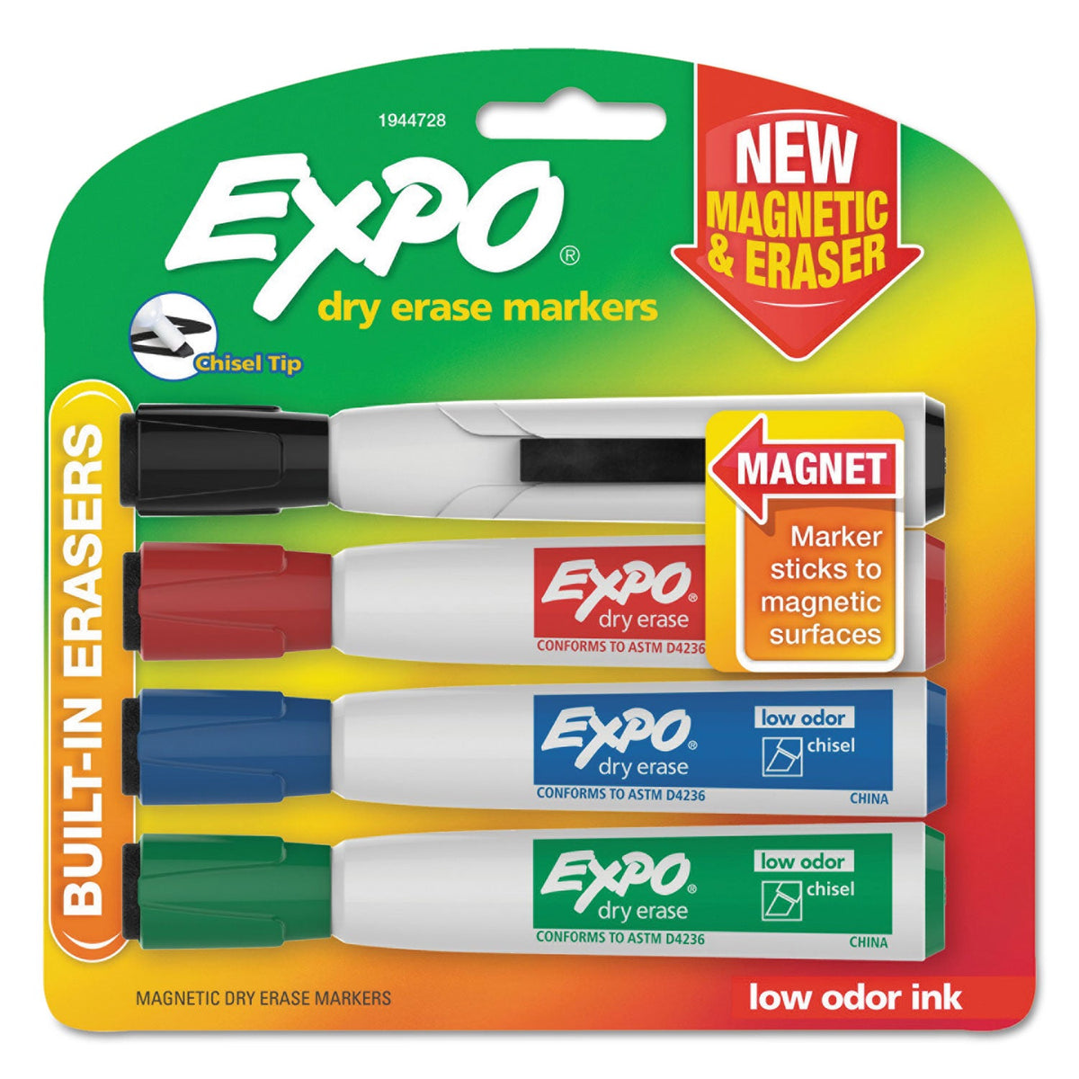 EXPO Magnetic Dry Erase Marker, Broad Chisel Tip, Assorted Colors, 4/Pack