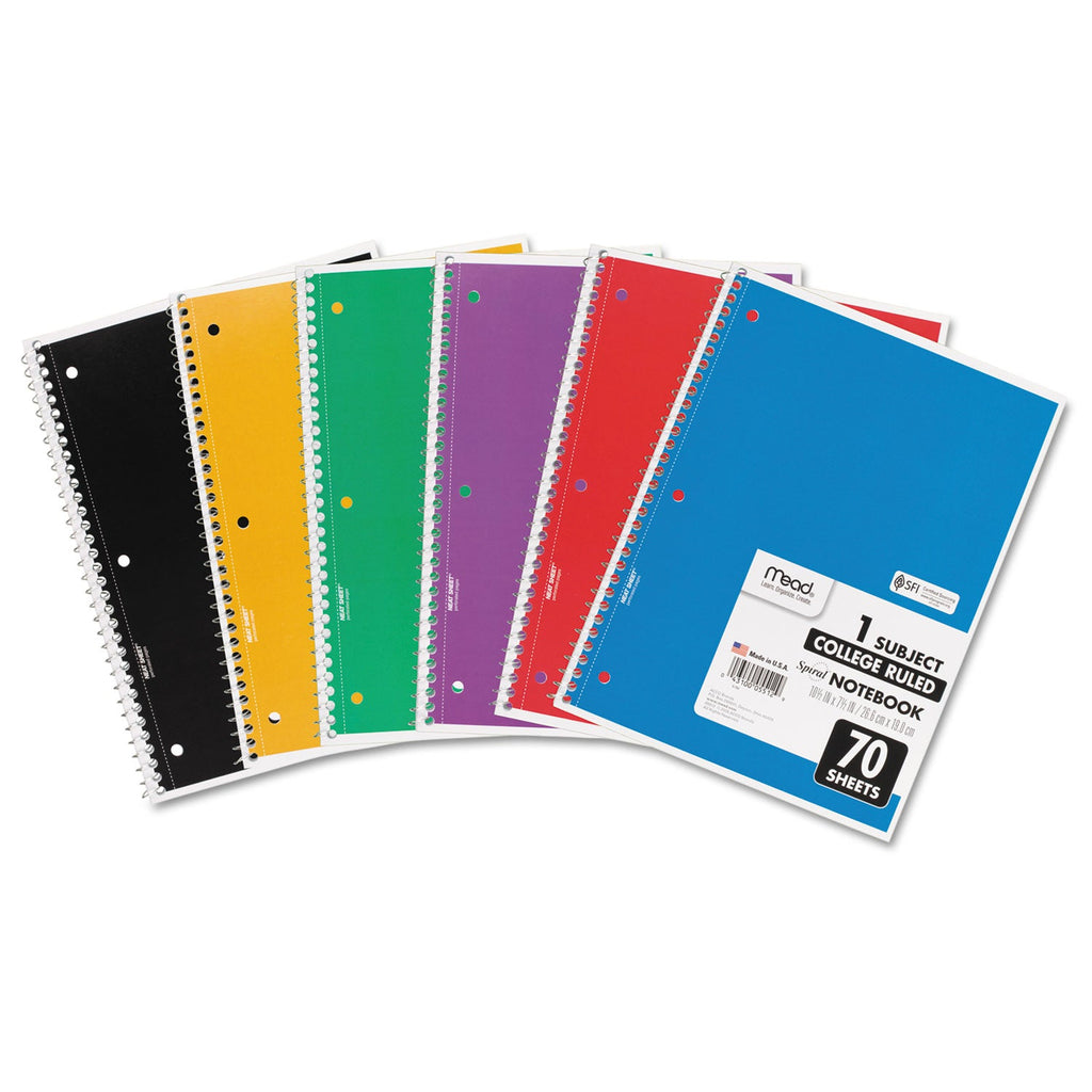 Mead Spiral Notebook, 3-Hole Punched, 1 Subject, Medium/College Rule, Randomly Assorted Covers, 10.5 x 7.5, 70 Sheets