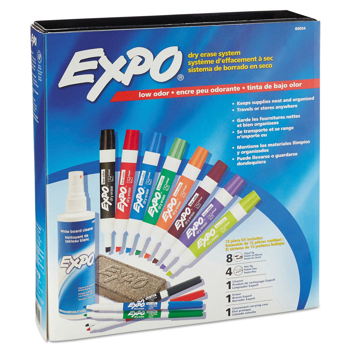 EXPO Low-Odor Dry Erase Marker, Eraser and Cleaner Kit, Medium Assorted Tips, Assorted Colors, 12/Set