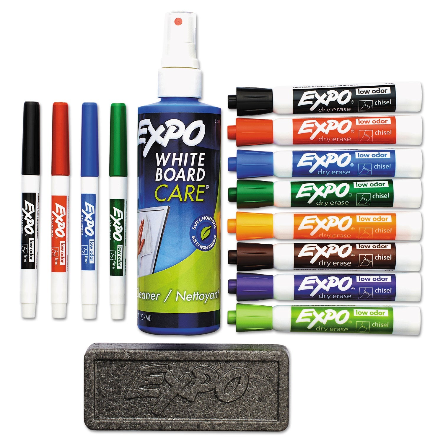 EXPO Low-Odor Dry Erase Marker, Eraser and Cleaner Kit, Medium Assorted Tips, Assorted Colors, 12/Set