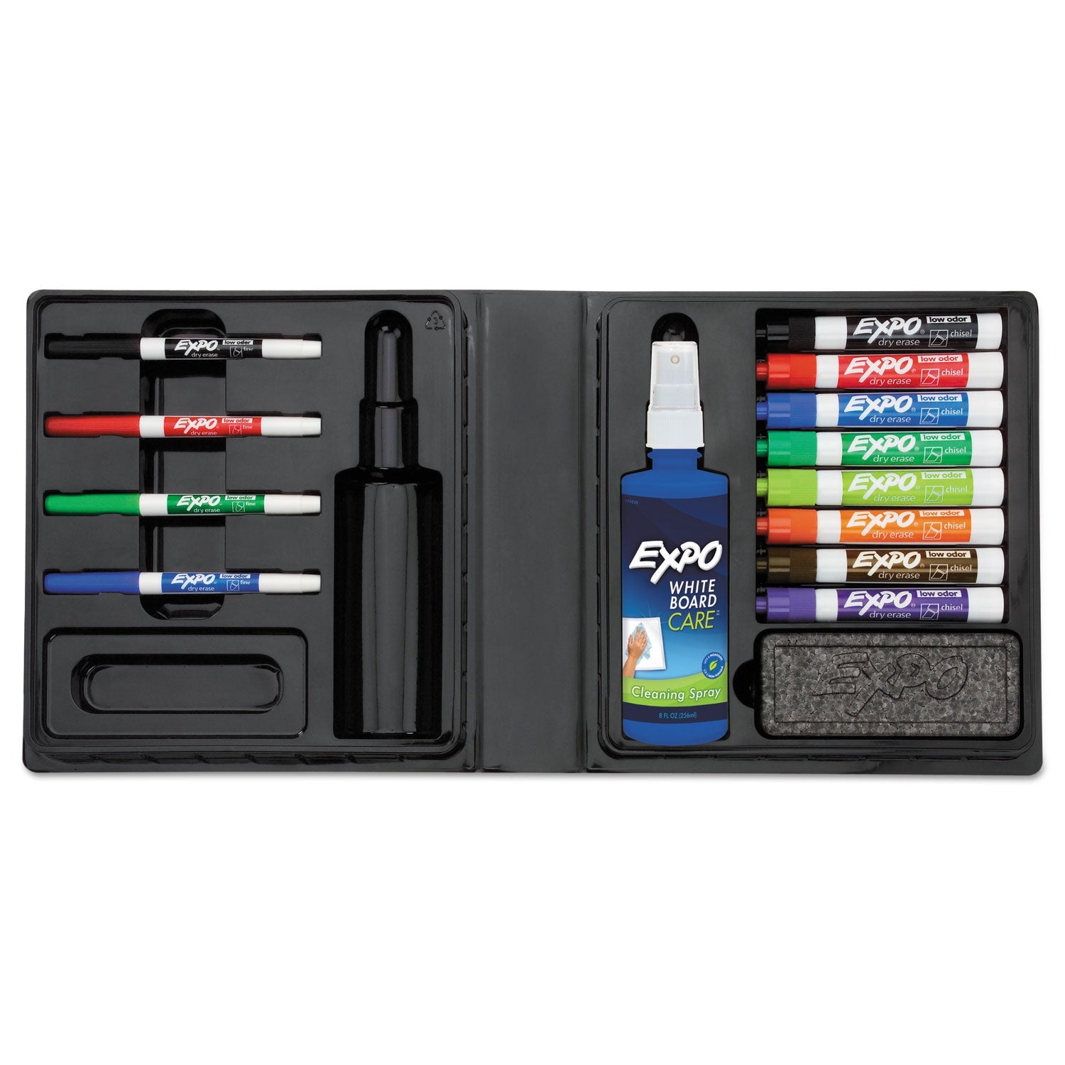 EXPO Low-Odor Dry Erase Marker, Eraser and Cleaner Kit, Medium Assorted Tips, Assorted Colors, 12/Set