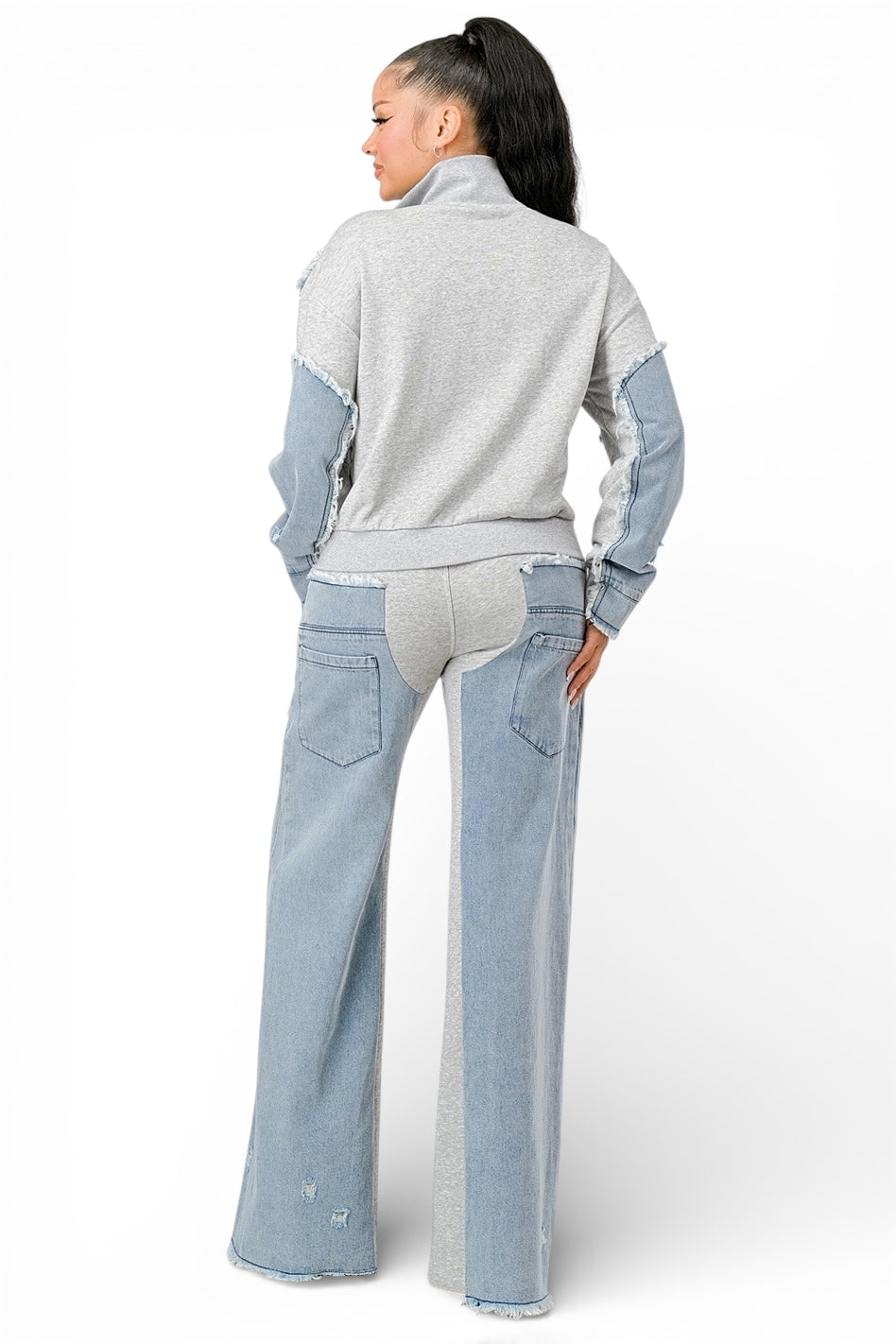 Conjunto de chaqueta con cremallera y pantalones anchos de mezclilla de material mixto