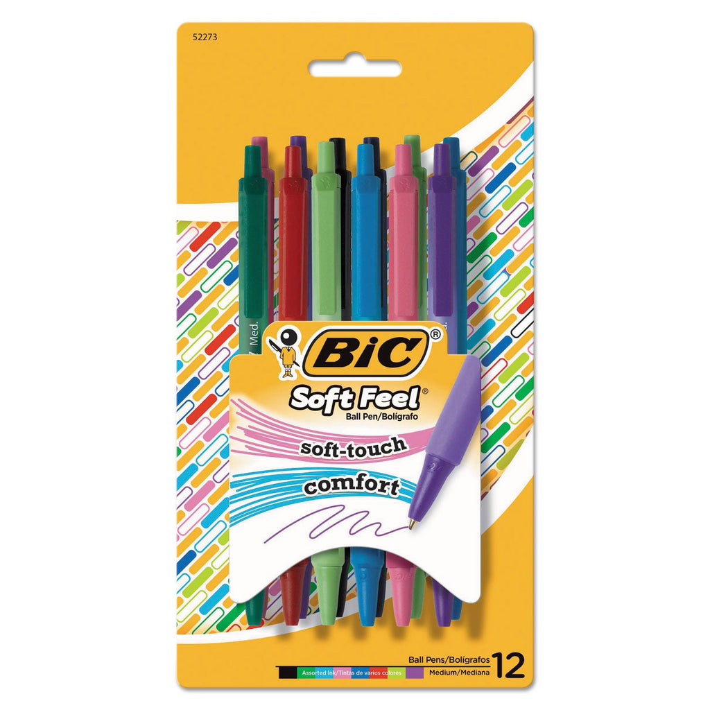 BIC Soft Feel Ballpoint Pen, Retractable, Medium 1 mm, Assorted Ink and Barrel Colors, Dozen