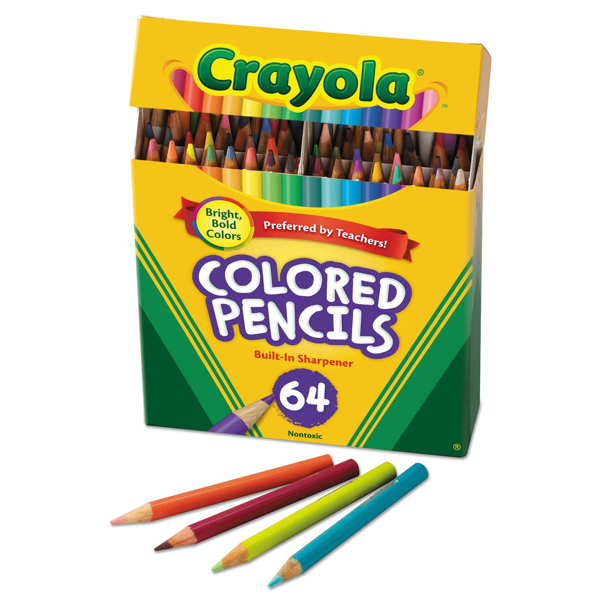 Crayola Short Colored Pencils Hinged Top Box with Sharpener, 3.3 mm, 2B (#1), Assorted Lead/Barrel Colors, 64/Pack