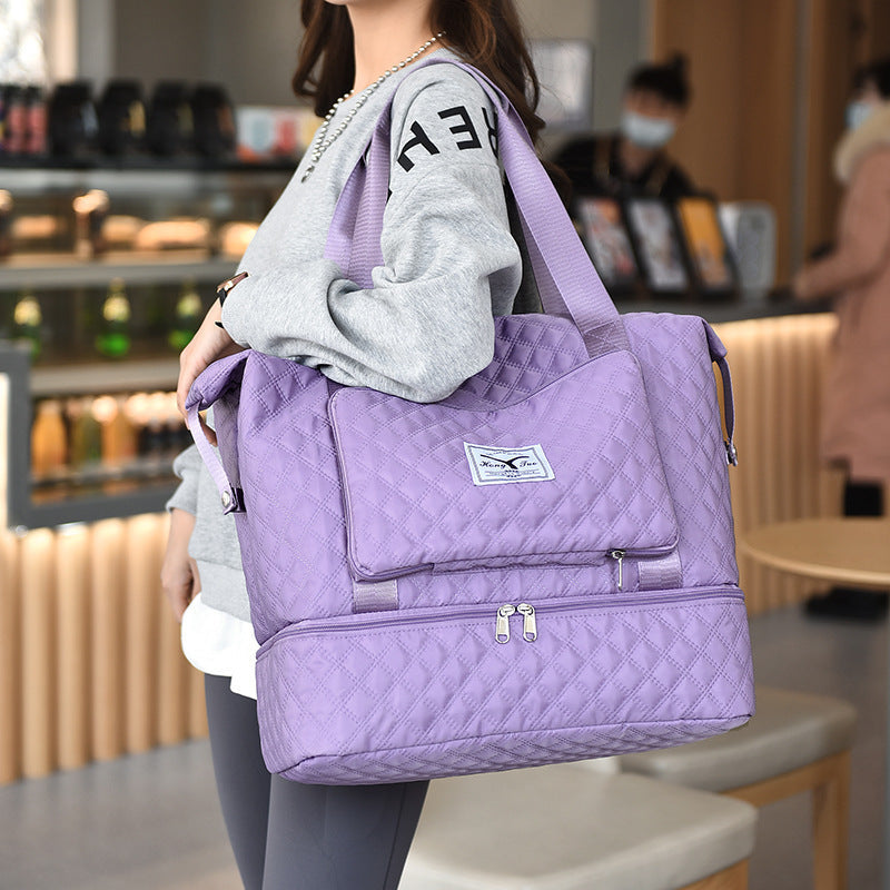 Bolsa de viaje plegable con diseño de costura de rombos, gran capacidad, para gimnasio, bolso de mano portátil, versátil, con correa para el hombro, organizador expandible