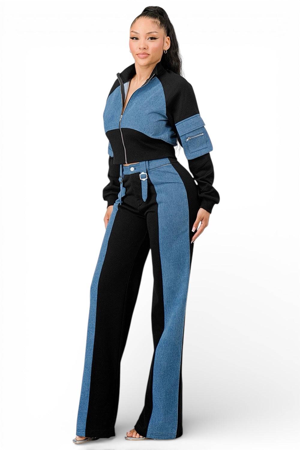 Conjunto de chaqueta corta con cremallera y pantalones de mezclilla de materiales mixtos