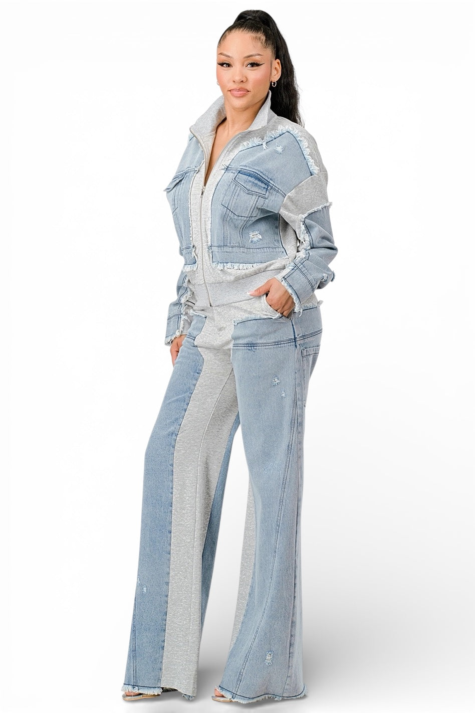 Conjunto de chaqueta con cremallera y pantalones anchos de mezclilla de material mixto