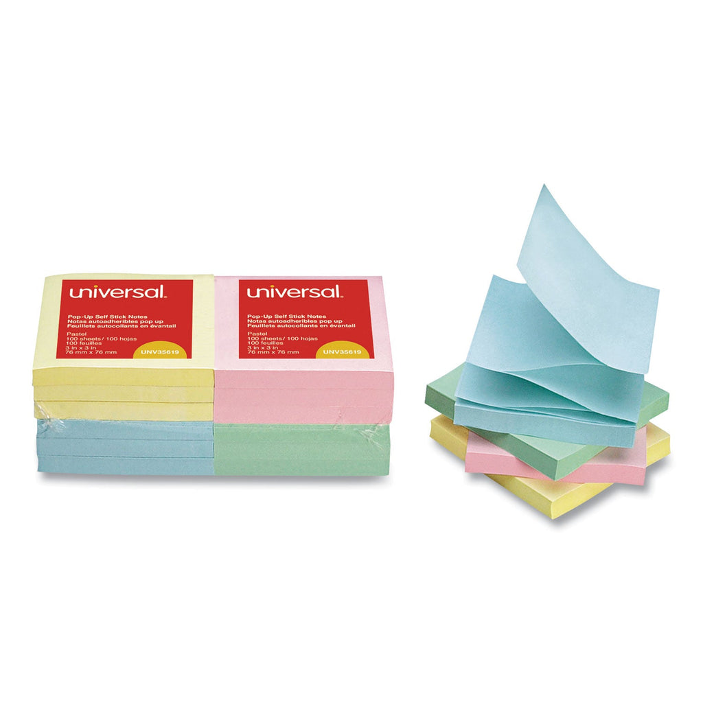 Universal Fan-Folded Self-Stick Pop-Up Note Pads, 3" x 3", Assorted Pastel Colors, 100 Sheets/Pad, 12 Pads/Pack