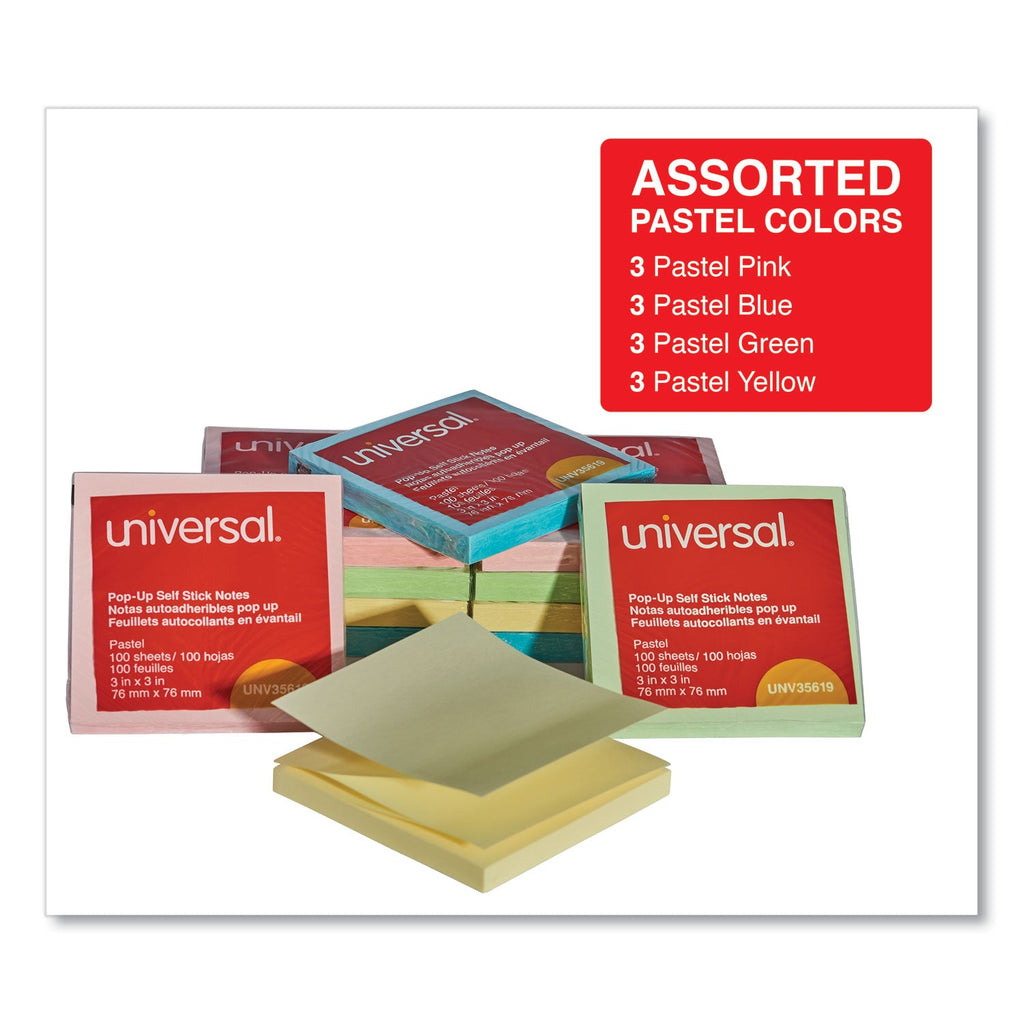Universal Fan-Folded Self-Stick Pop-Up Note Pads, 3" x 3", Assorted Pastel Colors, 100 Sheets/Pad, 12 Pads/Pack