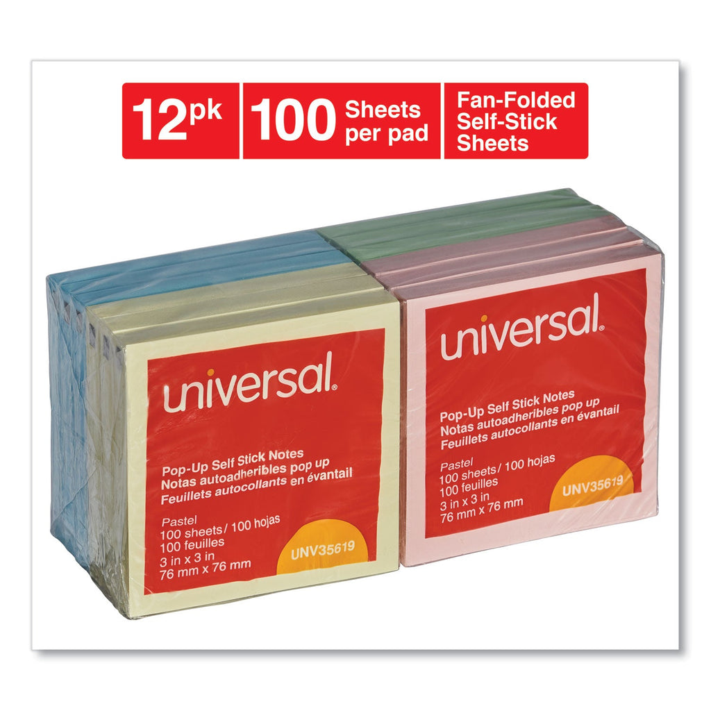 Universal Fan-Folded Self-Stick Pop-Up Note Pads, 3" x 3", Assorted Pastel Colors, 100 Sheets/Pad, 12 Pads/Pack