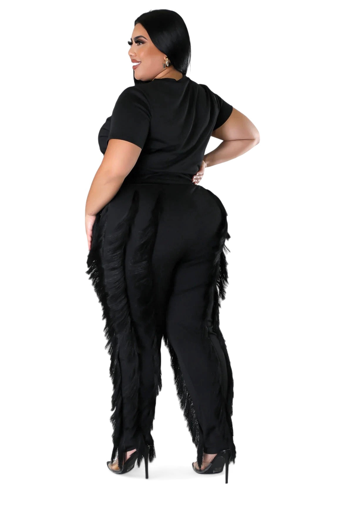 Curvy Short Sleeve Top Matching Tassel Pants