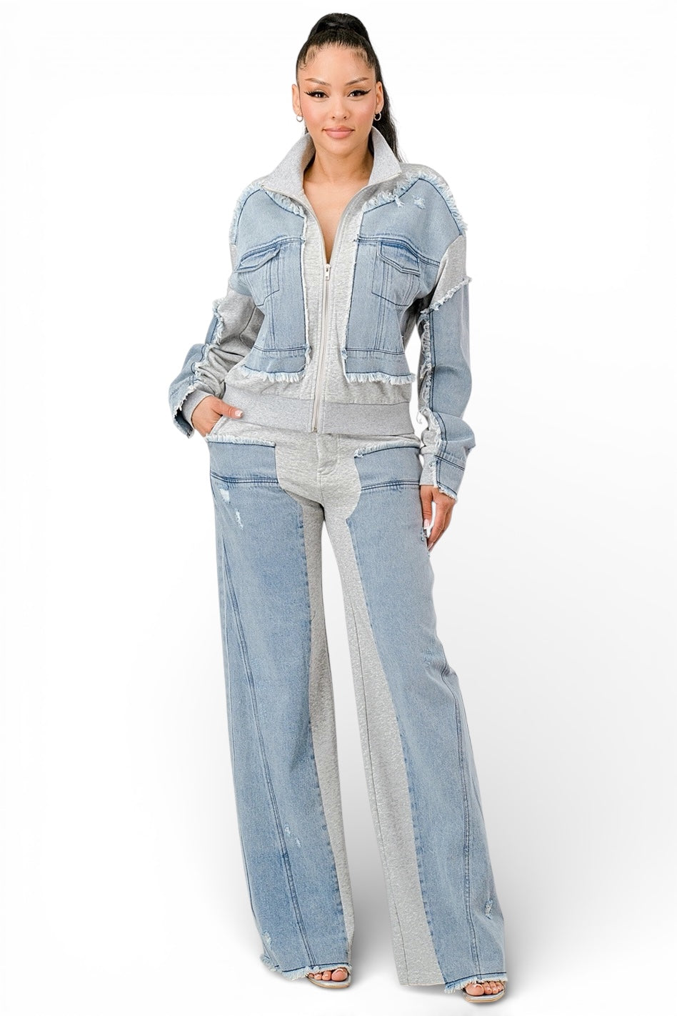 Conjunto de chaqueta con cremallera y pantalones anchos de mezclilla de material mixto