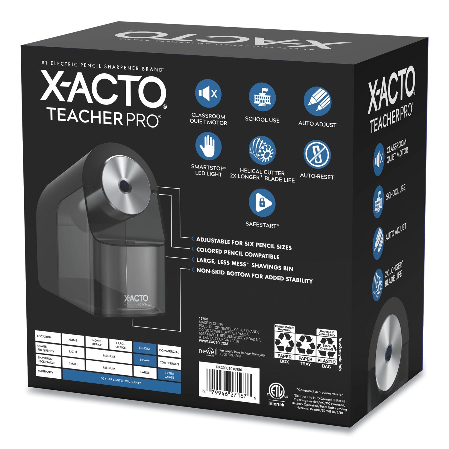 X-ACTO Model 1675 TeacherPro Classroom Electric Pencil Sharpener, AC-Powered, 4 x 7.5 x 8, Black/Silver/Smoke