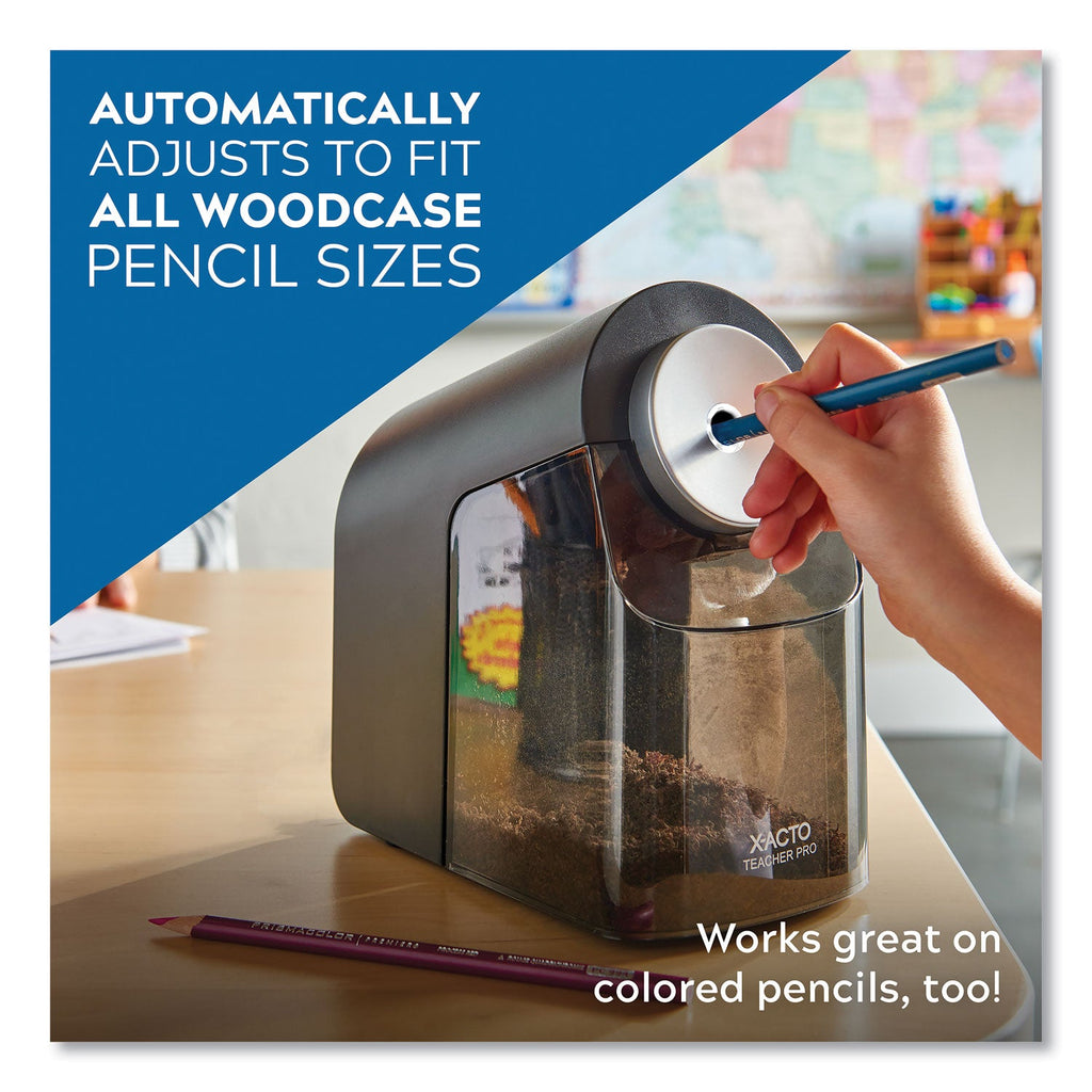 X-ACTO Model 1675 TeacherPro Classroom Electric Pencil Sharpener, AC-Powered, 4 x 7.5 x 8, Black/Silver/Smoke