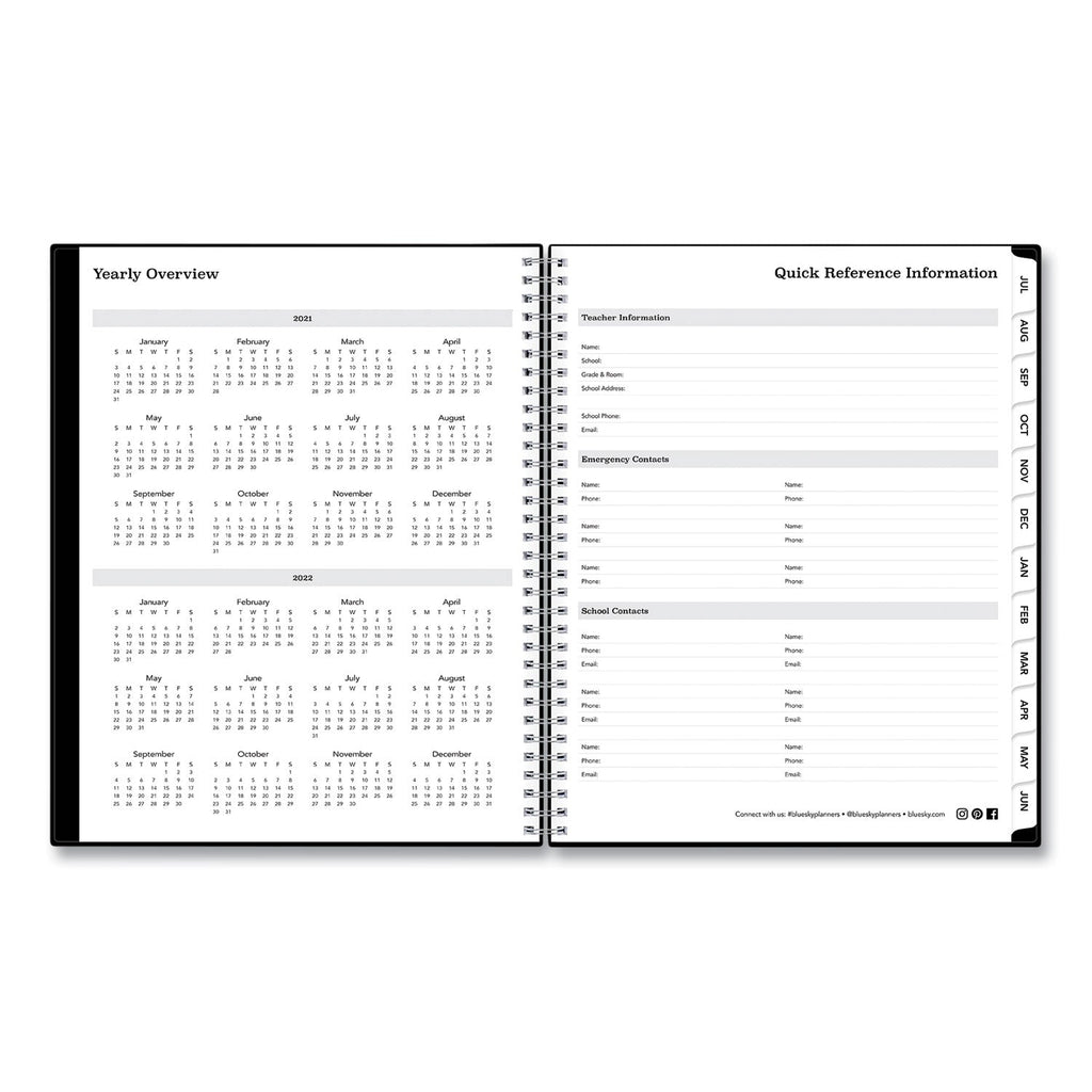 Blue Sky Solid Black Teacher's Weekly/Monthly Lesson Planner, Two-Page Spread (Nine Classes), 11 x 8.5, Black Cover, 2022 to 2023