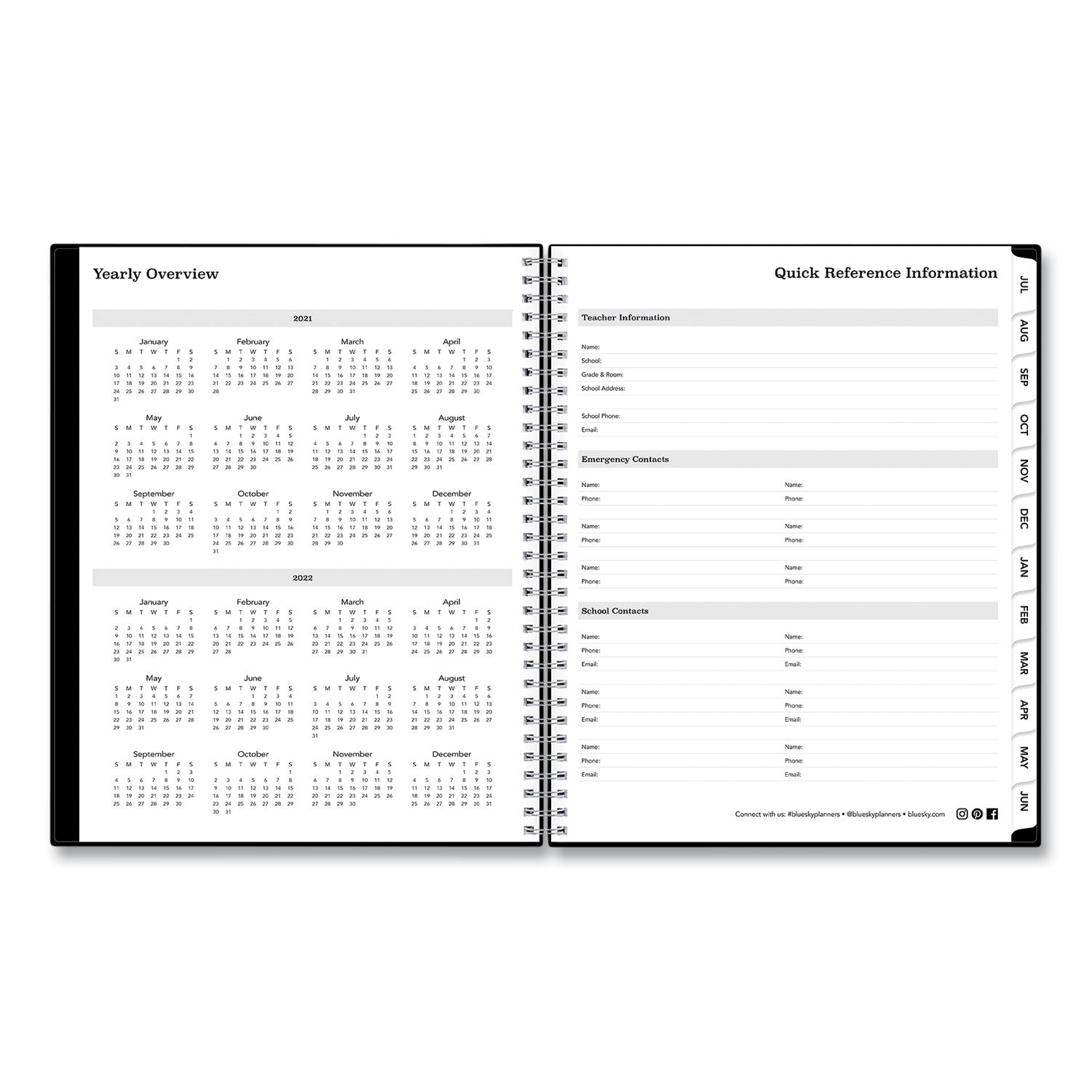 Blue Sky Solid Black Teacher's Weekly/Monthly Lesson Planner, Two-Page Spread (Nine Classes), 11 x 8.5, Black Cover, 2022 to 2023