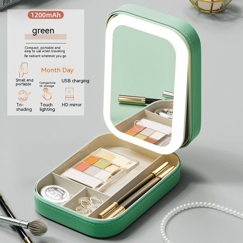 Caja de Almacenamiento de Maquillaje con Espejo de Luz LED, Caja Portátil de Almacenamiento de Cosméticos de Viaje, Organizador de Almacenamiento con Luz Táctil