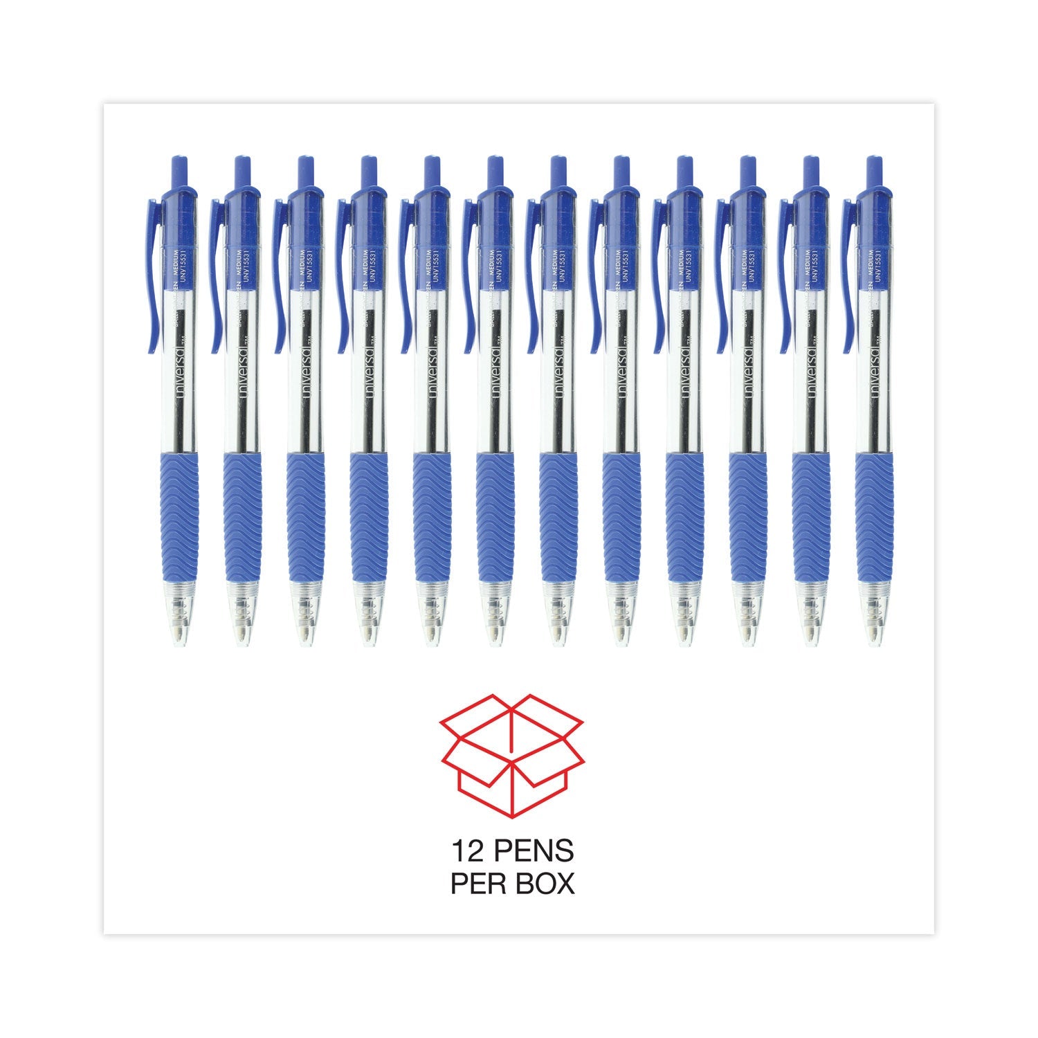 Universal Comfort Grip Ballpoint Pen, Retractable, Medium 1 mm, Blue Ink, Clear Barrel, Dozen