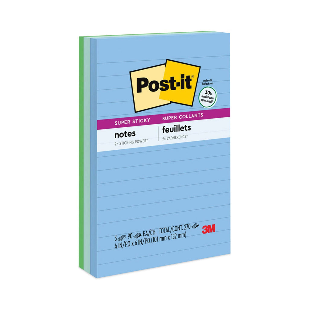 Post-it Recycled Notes in Oasis Collection Colors, Note Ruled, 4" x 6", 90 Sheets/Pad, 3 Pads/Pack