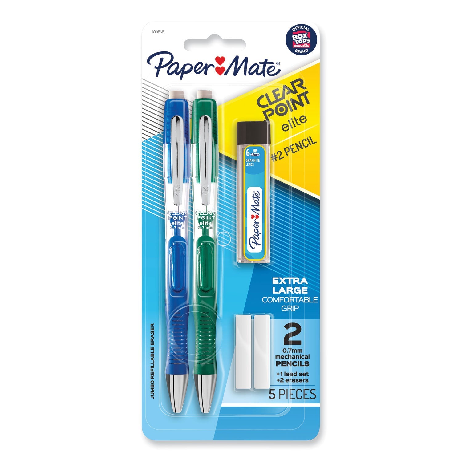 Paper Mate Clearpoint Elite Mechanical Pencils, 0.7 mm, HB (#2), Black Lead, Blue and Green Barrels, 2/Pack