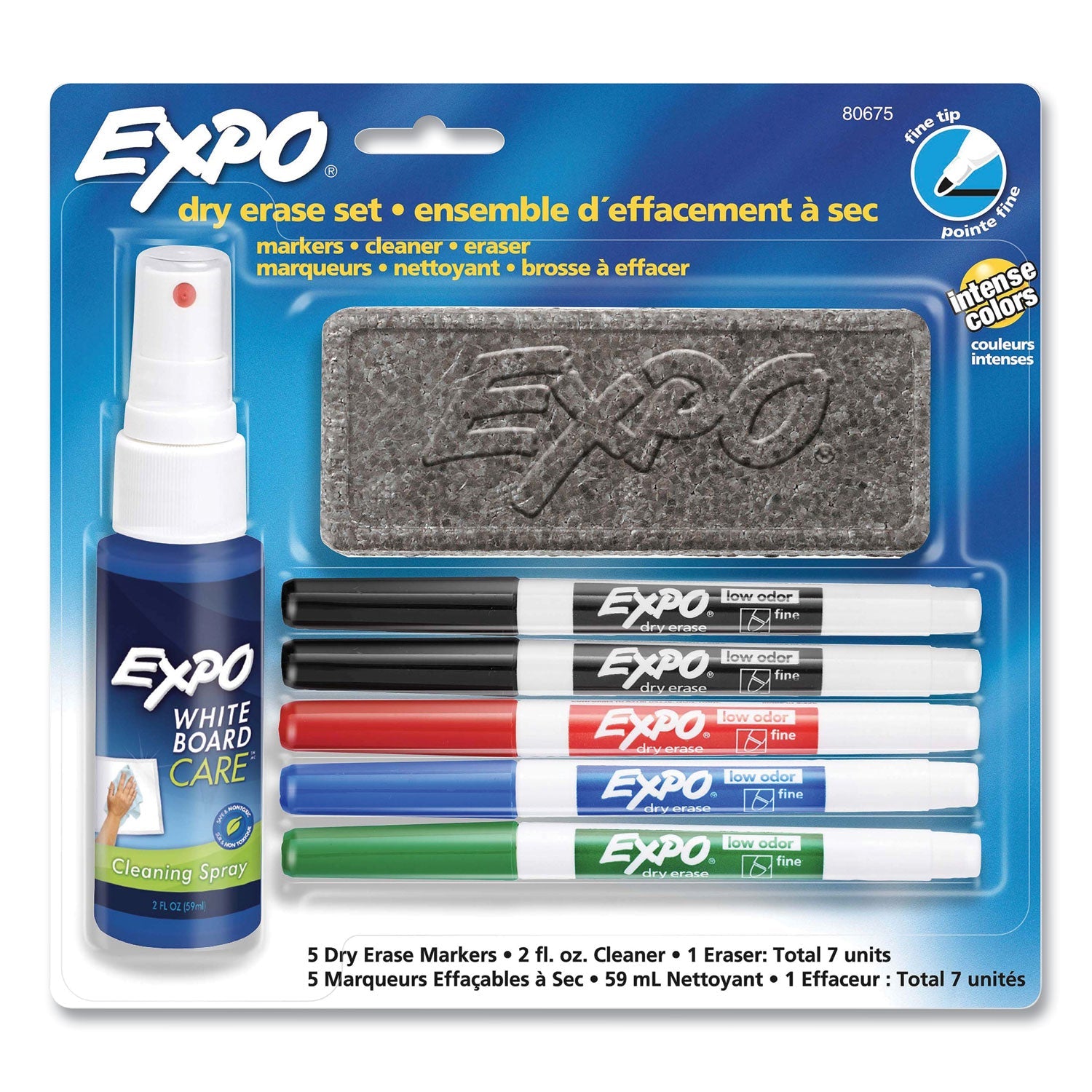 EXPO Dry Erase Marker, Eraser and Cleaner Kit, Fine Bullet Tip, Assorted Colors, 5/Set