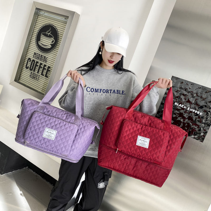 Bolsa de viaje plegable con diseño de costura de rombos, gran capacidad, para gimnasio, bolso de mano portátil, versátil, con correa para el hombro, organizador expandible