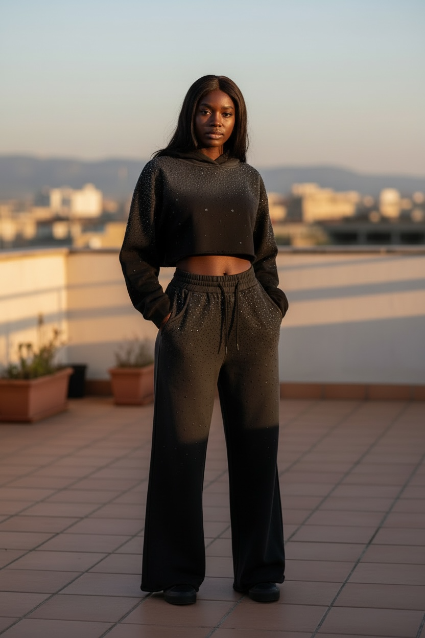Conjunto de sudadera corta con capucha y pantalón de chándal de strass en degradé