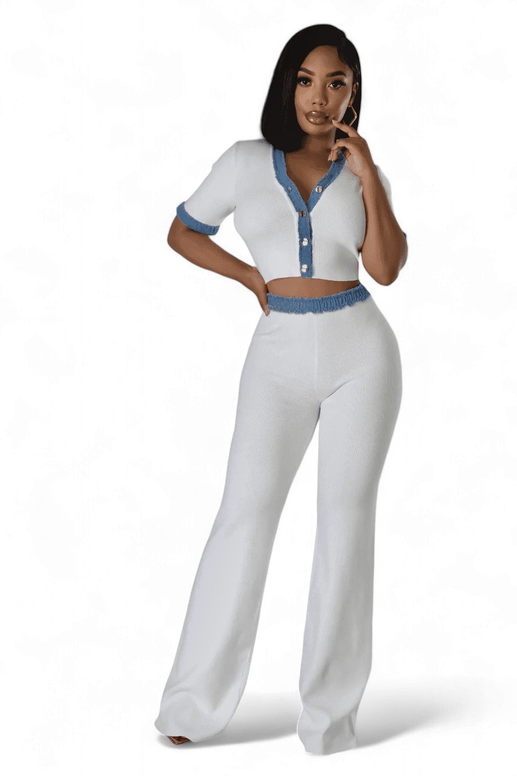 Conjunto de punto de dos piezas con pantalón y ribete vaquero
