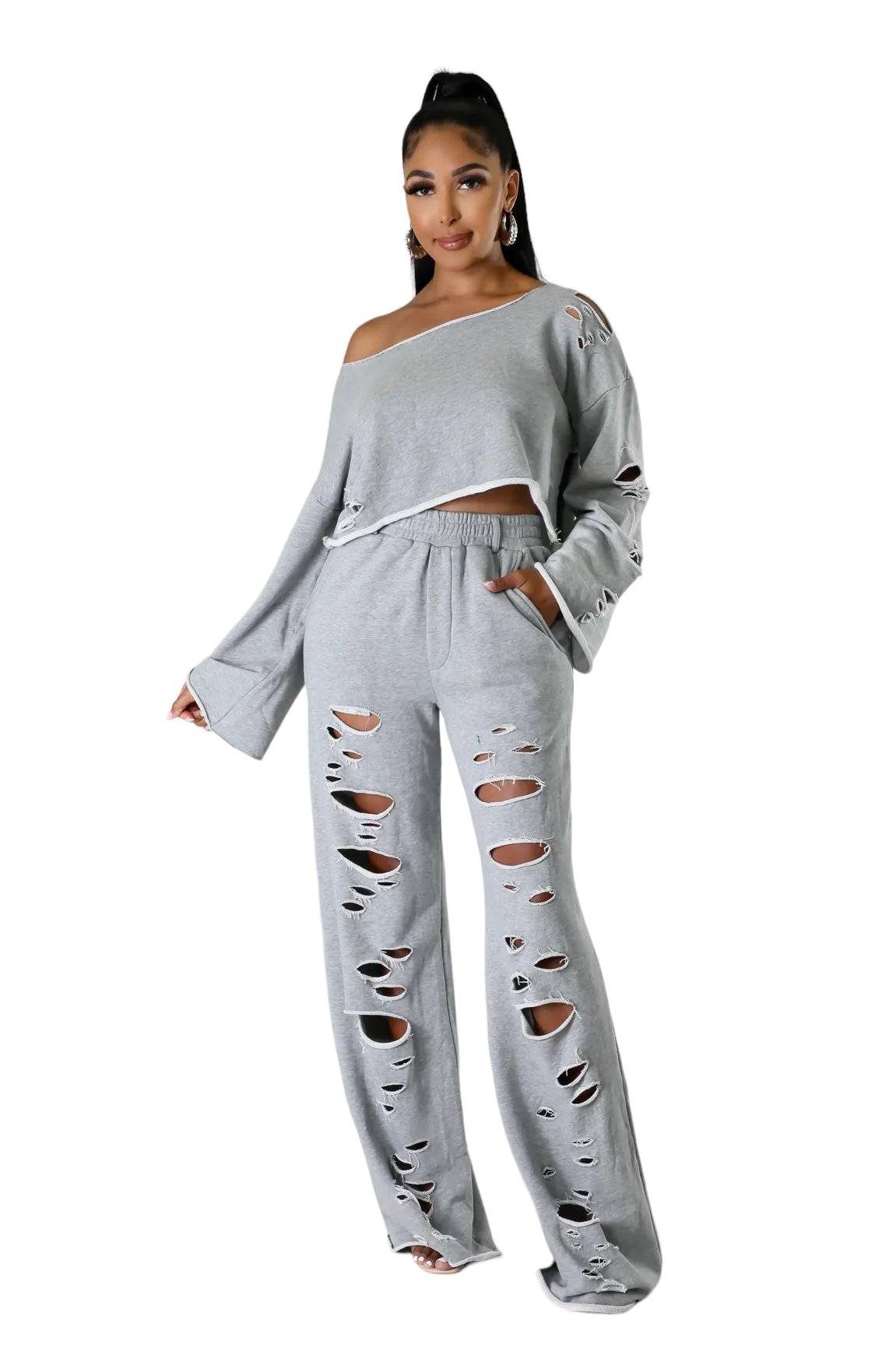 Conjunto de dos piezas de top sin hombros y pantalón desgastado {IDEAL PARA CHICAS ALTAS}