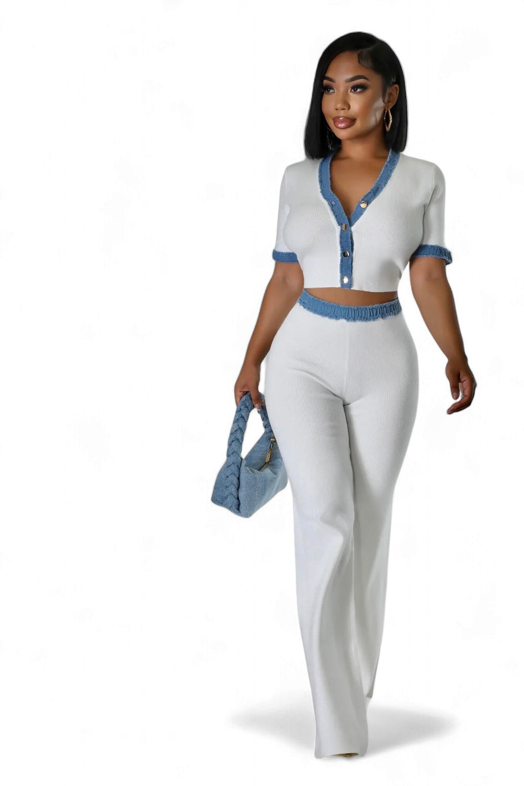 Conjunto de punto de dos piezas con pantalón y ribete vaquero