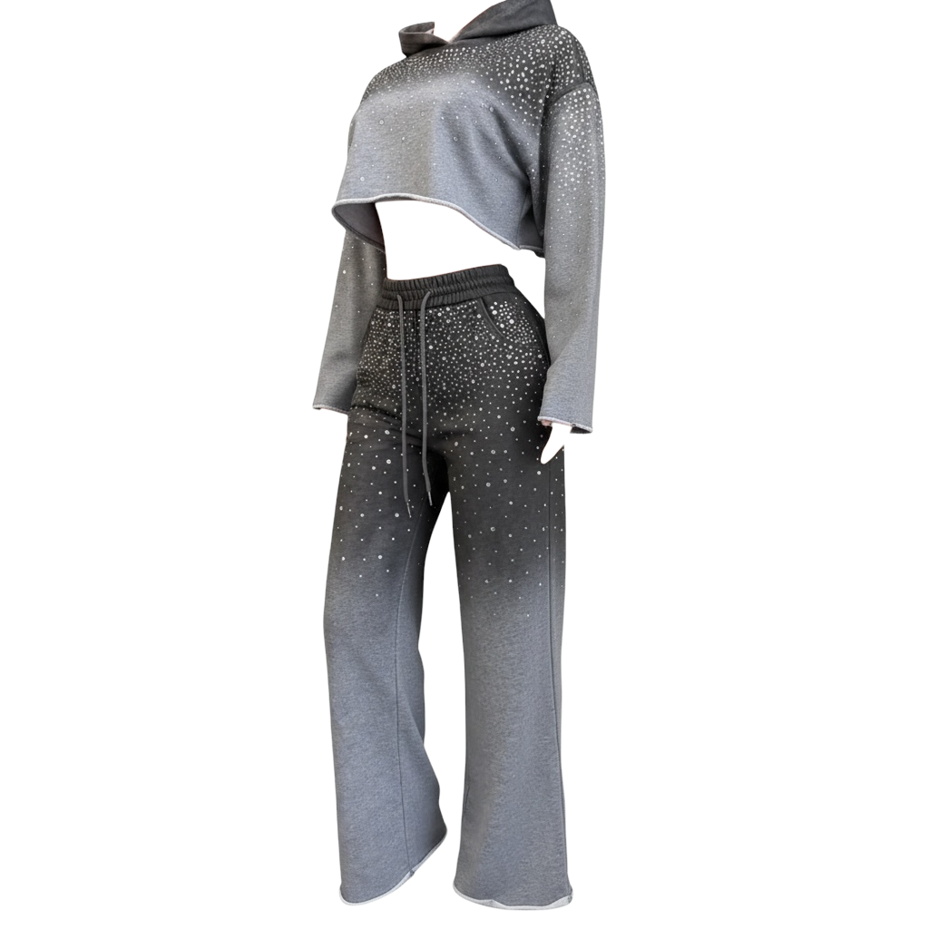 Conjunto de sudadera corta con capucha y pantalón de chándal de strass en degradé