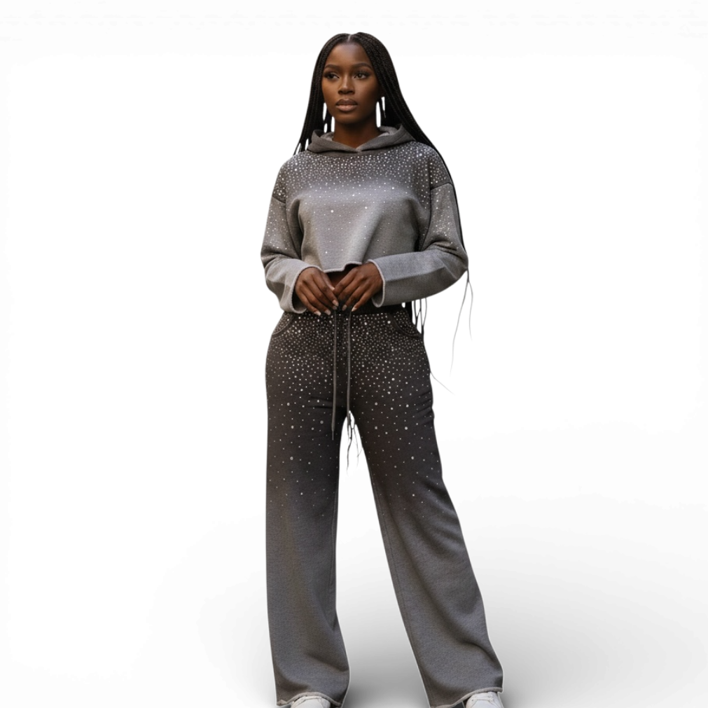 Rhinestone Ombre Cropped Hoodie Set