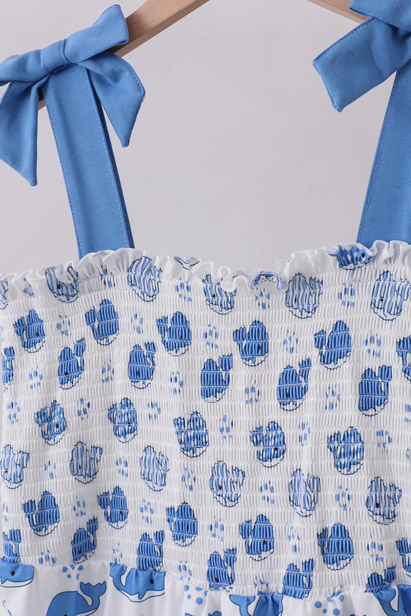 Vestido fruncido de ballena azul para mamá e hija