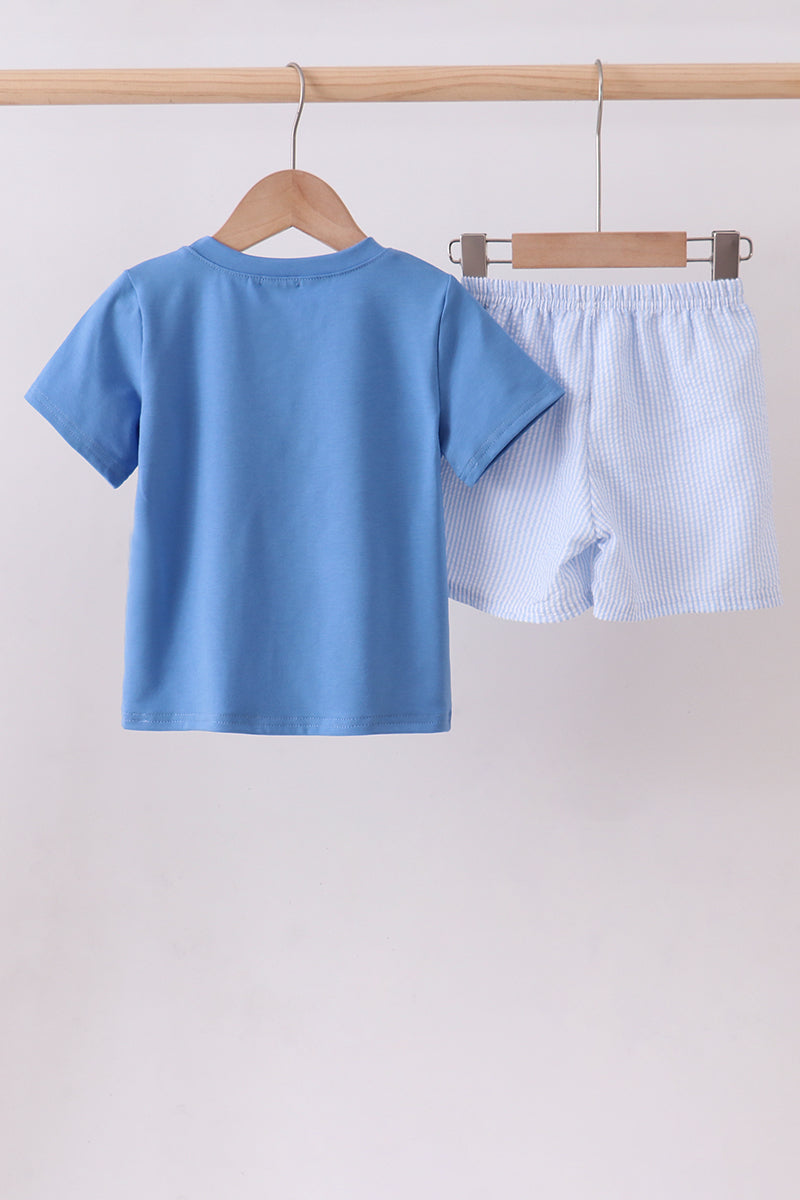 Conjunto de shorts de seersucker bordado de cangrejo azul