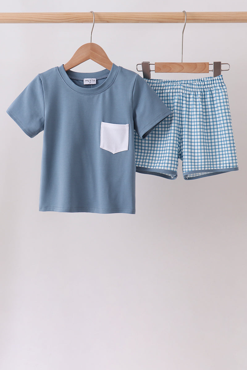 Conjunto de pantalón corto y blusa de bolsillo a cuadros azul