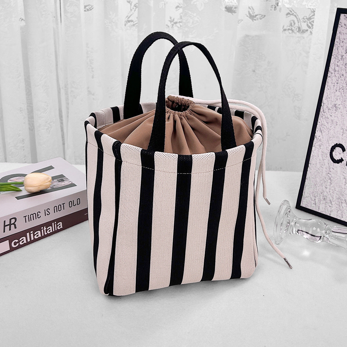 Drawstring Striped Knit Tote – Custom Fashion Large Travel Bag, Premium Camping Shoulder Purse