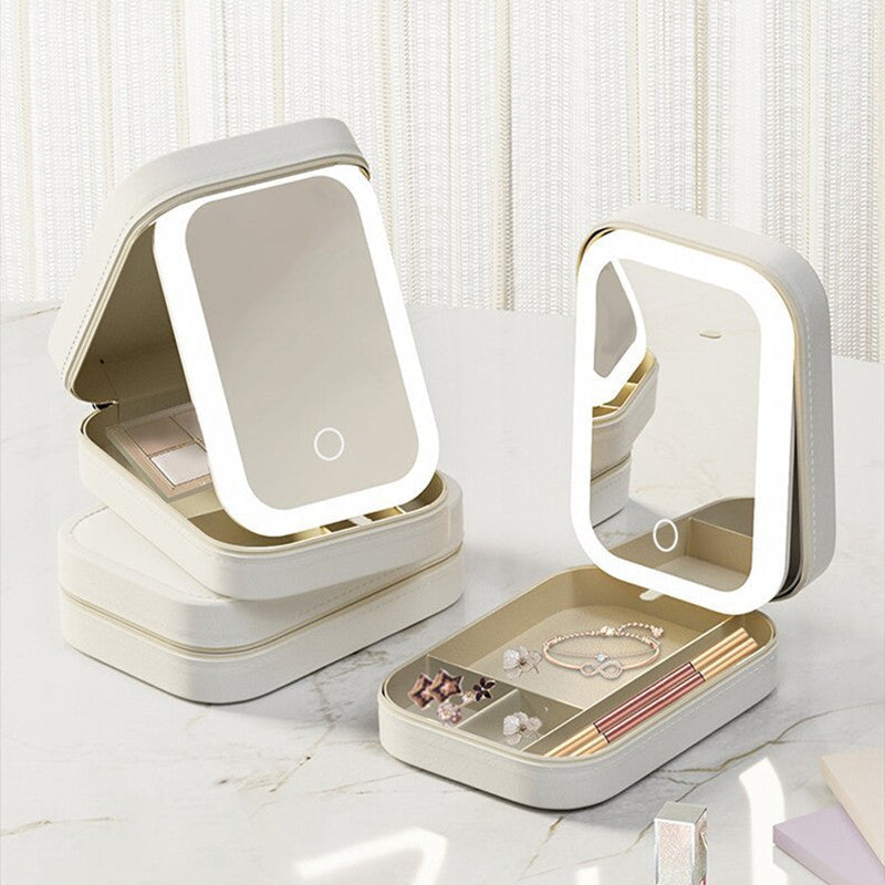 Caja de Almacenamiento de Maquillaje con Espejo de Luz LED, Caja Portátil de Almacenamiento de Cosméticos de Viaje, Organizador de Almacenamiento con Luz Táctil